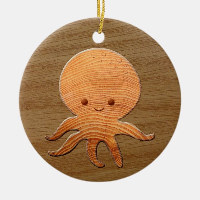 Cute Cartoon Octopus With Faux Wood Print Ceramic Ornament (Front)