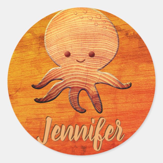 Cute Cartoon Octopus With Faux Wood Print Classic Round Sticker (Front)
