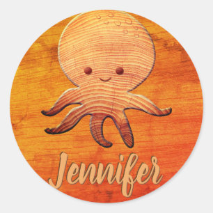 Cute Cartoon Octopus With Faux Wood Print Classic Round Sticker