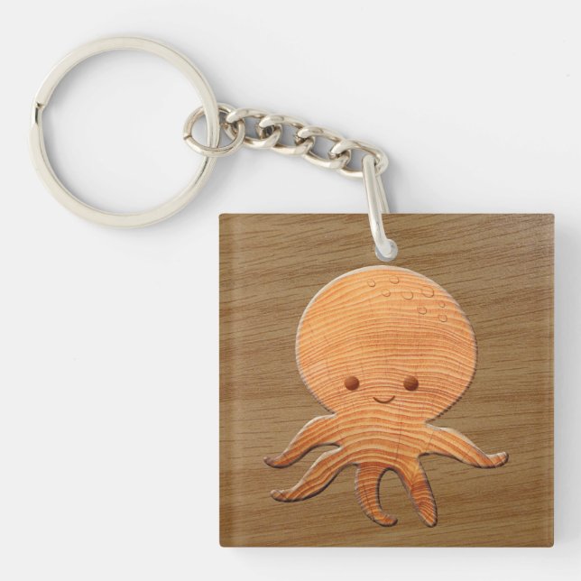 Cute Cartoon Octopus With Faux Wood Print Key Ring (Front)