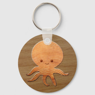 Cute Cartoon Octopus With Faux Wood Print Key Ring