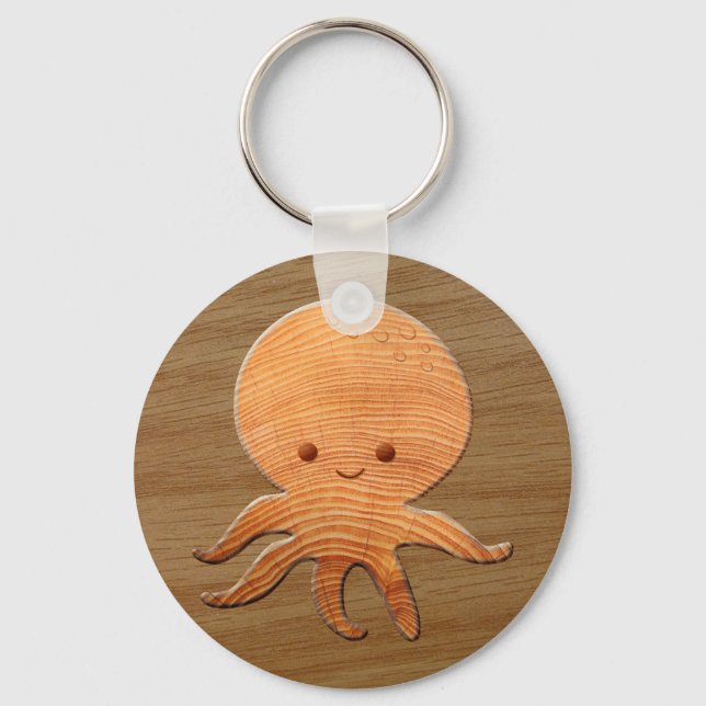 Cute Cartoon Octopus With Faux Wood Print Key Ring (Front)