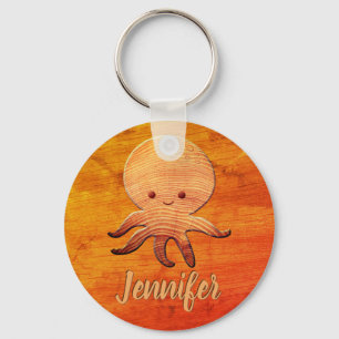 Cute Cartoon Octopus With Faux Wood Print Key Ring