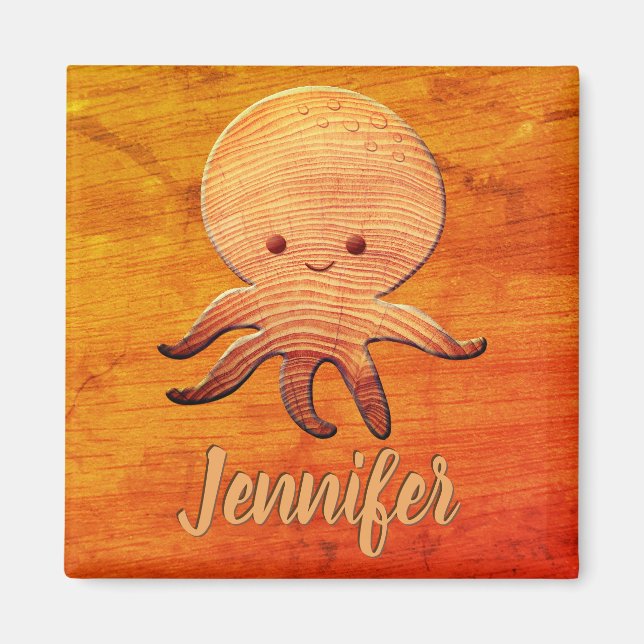 Cute Cartoon Octopus With Faux Wood Print Magnet (Front)