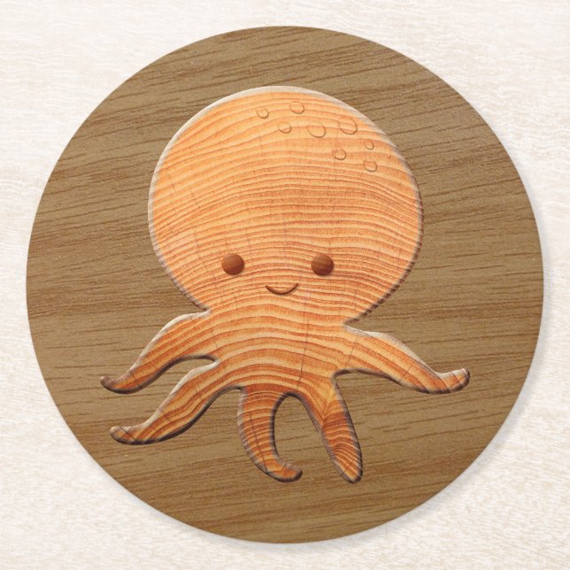 Cute Cartoon Octopus With Faux Wood Print Round Paper Coaster (Front)