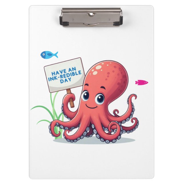 Cute, cartoon octopus with fish clipboard (Front)