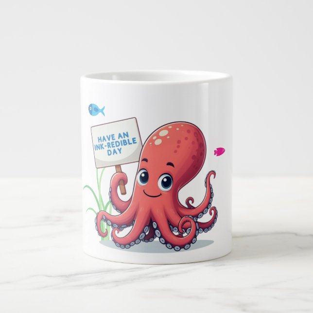 Cute, cartoon octopus with fish large coffee mug (Front)