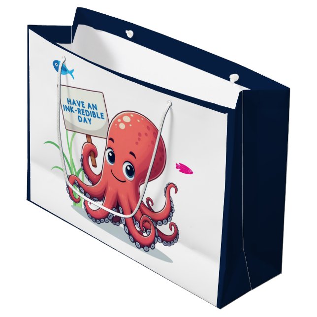 Cute, cartoon octopus with fish large gift bag (Front Angled)