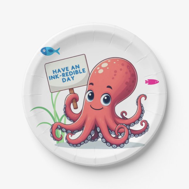 Cute, cartoon octopus with fish paper plate (Front)