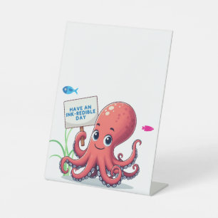 Cute, cartoon octopus with fish pedestal sign