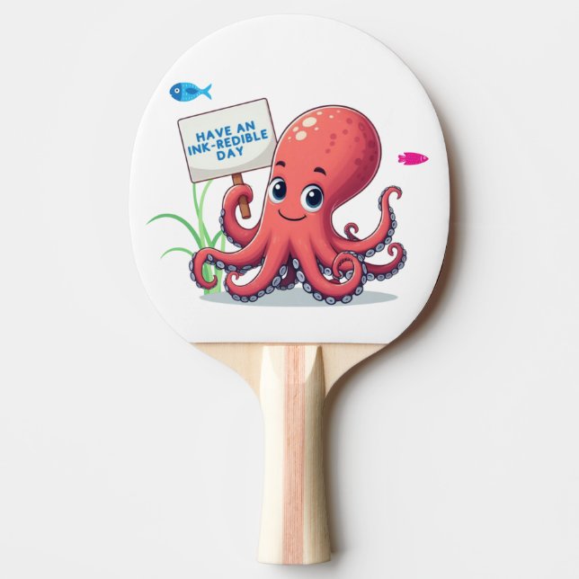 Cute, cartoon octopus with fish ping pong paddle (Front)