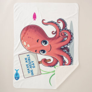 Cute, cartoon octopus with fish sherpa blanket