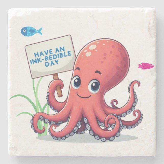 Cute, cartoon octopus with fish stone coaster (Front)