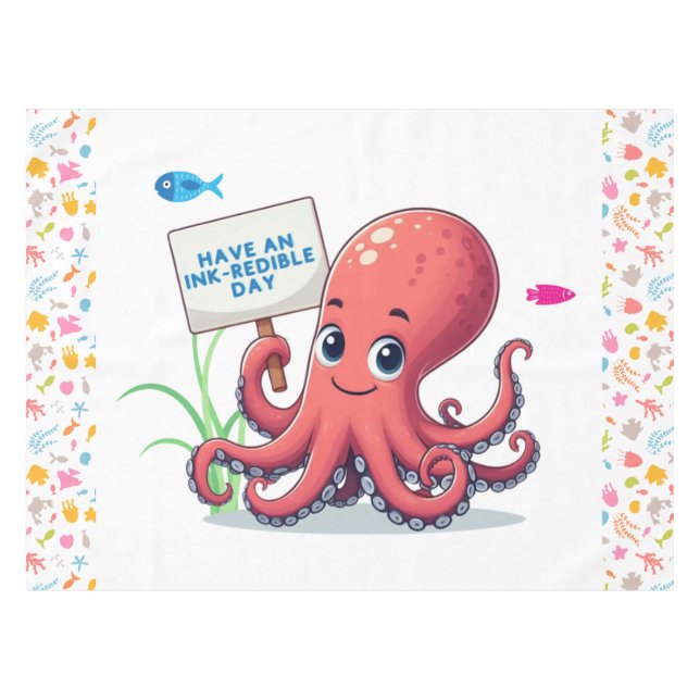 Cute, cartoon octopus with fish tablecloth (Front (Horizontal))
