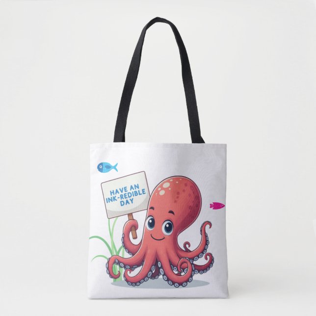 Cute, cartoon octopus with fish tote bag (Front)