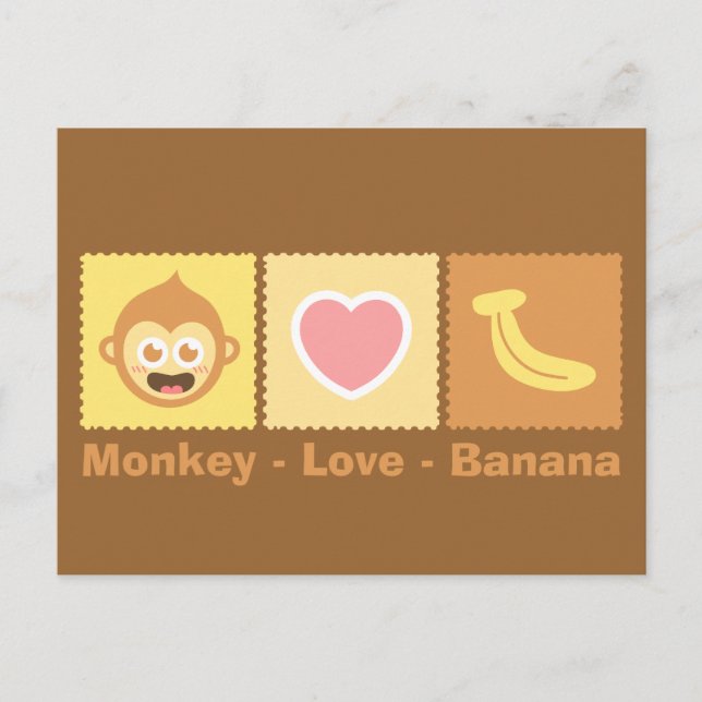 Cute Cartoon of Monkey, Love and Banana Postcard (Front)