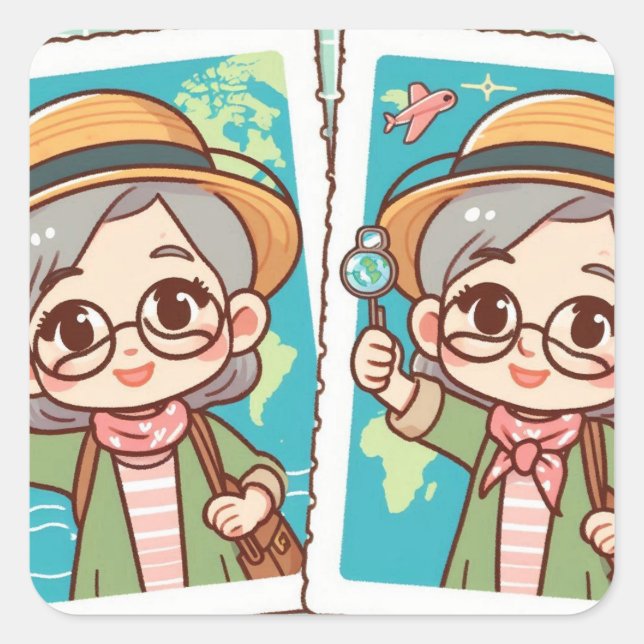 Cute cartoon older woman travelling sticker (Front)