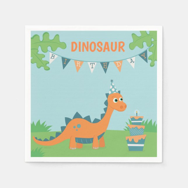 Cute cartoon orange dinosaur birthday party napkin (Front)