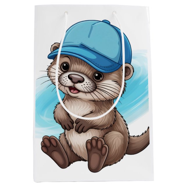 Cute Cartoon Otter Wearing a Blue Baseball Cap Medium Gift Bag (Front)