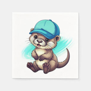 Cute Cartoon Otter Wearing a Blue Baseball Cap Napkin