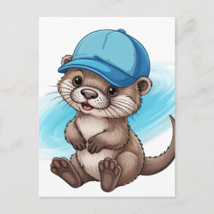 Cute Cartoon Otter Wearing a Blue Baseball Cap Postcard