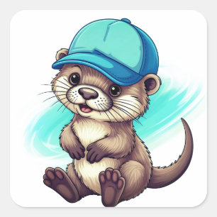 Cute Cartoon Otter Wearing a Blue Baseball Cap Square Sticker