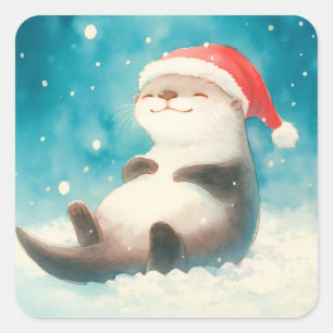 Cute Cartoon Otter Wearing Santa Hat in Snowfall Square Sticker