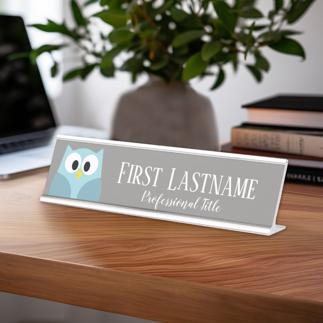 Cute Cartoon Owl - Blue and Grey Custom Name Desk Name Plate (Personalized Desk Sign with Name and Title - Custom Executive Name Plate)