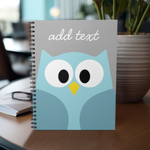 Cute Cartoon Owl - Blue and Grey Custom Name Notebook