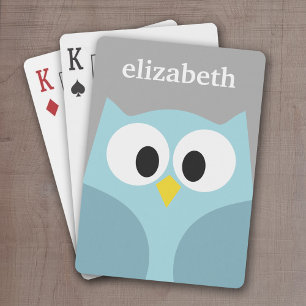 Cute Cartoon Owl - Blue and Grey Custom Name Playing Cards