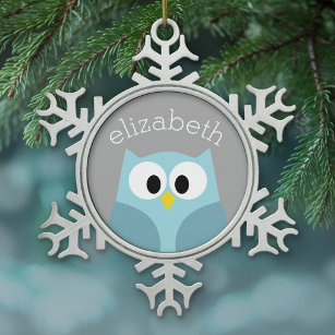 Cute Cartoon Owl - Blue and Grey Custom Name Snowflake Pewter Christmas Ornament