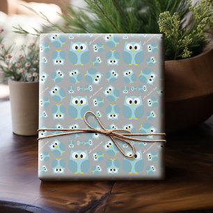 Cute Cartoon Owl - Blue and Grey Custom Name Wrapping Paper