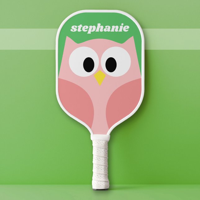 Cute Cartoon Owl - Coral and Green - Name Pickleball Paddle (Custom Pickleball Paddle)