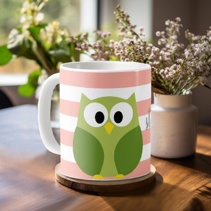 Cute Cartoon Owl - Coral & Green Name Calligraphy Coffee Mug