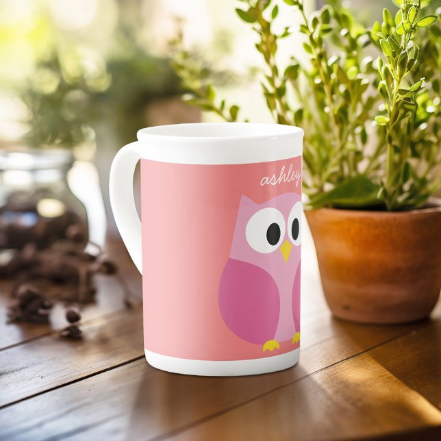 Cute Cartoon Owl in Pink and Coral Bone China Mug (Personalized mug with photos and text, customize completely in the advanced design area)