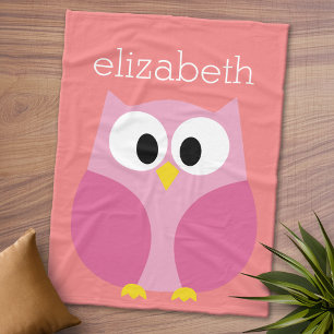 Cute Cartoon Owl in Pink and Coral Fleece Blanket