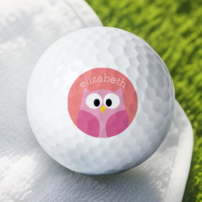 Cute Cartoon Owl in Pink and Coral Golf Balls (Add Your Name to this Personalized Golf Ball)