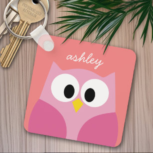 Cute Cartoon Owl in Pink and Coral Key Ring