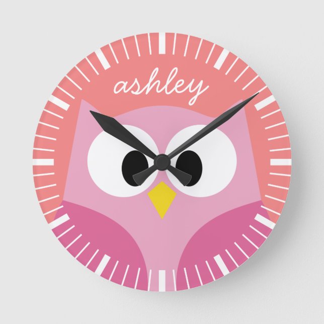 Cute Cartoon Owl in Pink and Coral Round Clock (Front)