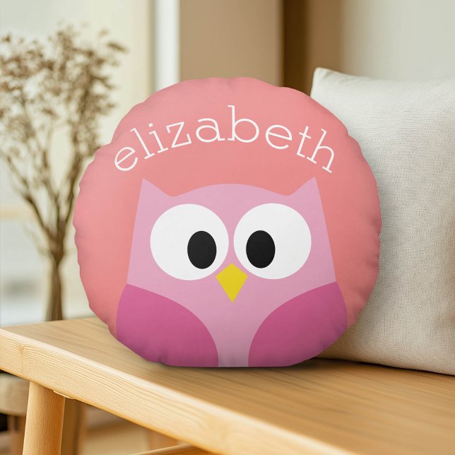 Cute Cartoon Owl in Pink and Coral Round Cushion (Custom Monogram Pillow)