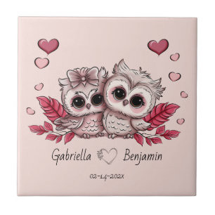 Cute Cartoon Owl Lovers Heart Valentine’s Day Ceramic Tile
