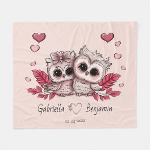 Cute Cartoon Owl Lovers Heart Valentine’s Day Fleece Blanket