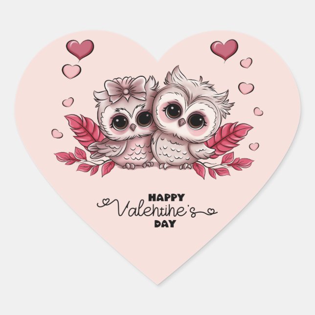 Cute Cartoon Owl Lovers Heart Valentine’s Day Heart Sticker (Front)