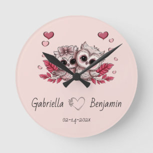 Cute Cartoon Owl Lovers Heart Valentine’s Day Round Clock