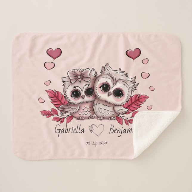 Cute Cartoon Owl Lovers Heart Valentine’s Day  Sherpa Blanket (Front (Horizontal))