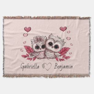 Cute Cartoon Owl Lovers Heart Valentine’s Day  Throw Blanket