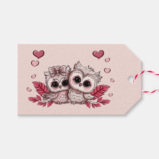 Cute Cartoon Owl Lovers Hearts Valentine’s Day Gift Tags (Front (Horizontal))