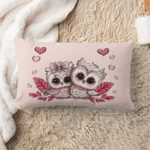 Cute Cartoon Owl Lovers Hearts Valentine’s Day Lumbar Cushion