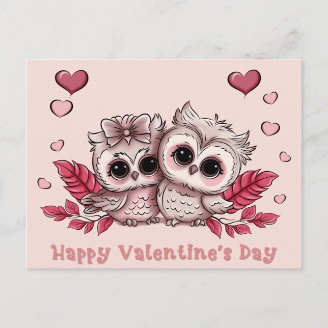Cute Cartoon Owl Lovers Hearts Valentine’s Day  Postcard (Front)