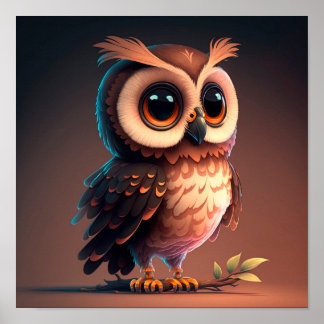 Cute cartoon owl on a dark brown background. poster
